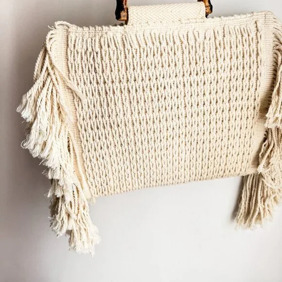 Zara Ivory Cream Crochet Woven Faux Bamboo Handle Tote Bag - Picture 5 of 7